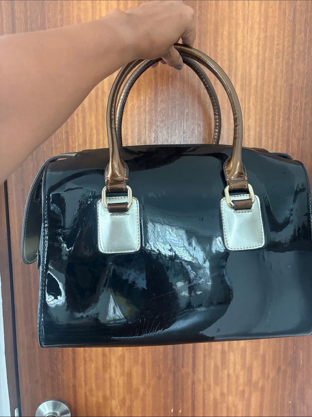 Large Black Charol Satchel with Tan Handles